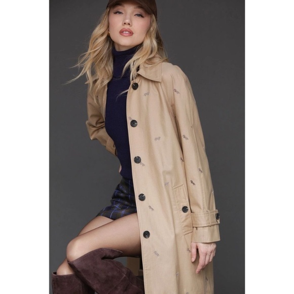 AVEC LES FILLES Cotton Blend Embroidered Equine Horses Trench Coat - Picture 6 of 10
